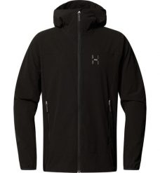 Kurtka przeciwdeszczowa męska Rosson Softshell Hood. Czarne kurtki męskie Haglöfs, m, bez wzorów, z softshellu, z kapturem. Za 694.45 zł.