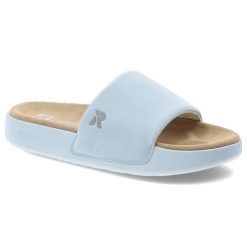 Niebieskie Klapki Rieker Stylowe Płaskie Damskie. Niebieskie klapki damskie Rieker, bez wzorów, bez obcasa, na płaskiej podeszwie, bez zapięcia. Za 224.90 zł.