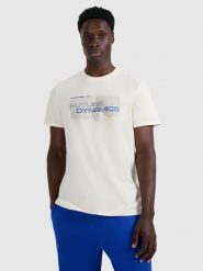 4F T-shirt regular z nadrukiem męski - kremowy M. Białe t-shirty męskie 4f, m, bez wzorów, z bawełny, biznesowe, bez kołnierzyka. Za 39.99 zł.