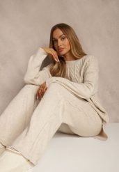 Jasnobeżowy Dzianinowy Komplet z Wełną w Warkoczowy Splot Spodnie i Sweter Reinette. Brązowe spodnie materiałowe damskie Renee, bez wzorów, z dzianiny, bez kołnierzyka, bez ramiączek, długie, bez kaptura. Za 139.99 zł.