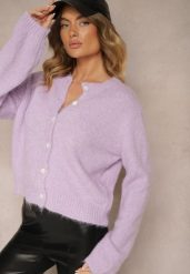 Fioletowy Klasyczny Kardigan o Prostym Kroju Riavara. Fioletowe kardigany damskie Renee, bez wzorów, z jeansu, eleganckie, bez kołnierzyka, bez ramiączek, bez kaptura. Za 159.99 zł.