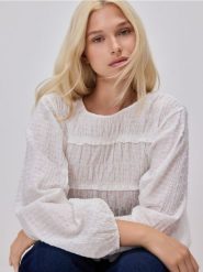 Bluzka z marszczeniami - złamana biel. Bluzki damskie Reserved, l, bez wzorów, z bawełny, bez kołnierzyka, bez ramiączek. Za 139.99 zł.