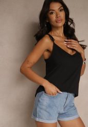 Czarny Top z Bawełną i Modalem z Wiązaniem przy Ramiączkach Lileria. Czarne bluzki damskie Renee, l, bez wzorów, z bawełny, wizytowe, bez kołnierzyka, bez ramiączek. Za 39.99 zł.