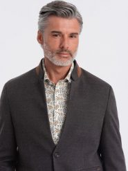 Melanżowa marynarka męska z dodatkiem rayonu ze stójką – czarny melanż V5 OM-BLZB-0131 - XXL. Czarne marynarki męskie Ombre Clothing, bez wzorów, z materiału, casualowe. Za 257.99 zł.