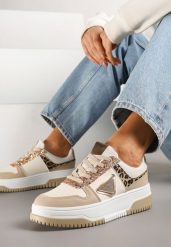 Ciemnobeżowe Sneakersy z Perforacją Cyrkoniami i Brokatem Tillidara. Brązowe obuwie sportowe damskie Renee, z aplikacjami, z jeansu. Za 89.99 zł.
