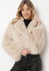 Beżowa Futerkowa Kurtka o Krótkim Kroju z Eleganckim Kołnierzem Tazamisa. Brązowe kurtki damskie Born2be, m, bez wzorów, z jeansu, bez kaptura. Za 249.99 zł.