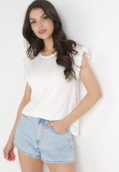 Biały Top z Falbankami przy Ramionach z Wiskozy Jale. Białe bluzki damskie Born2be, na lato, bez wzorów, z tkaniny, bez kołnierzyka, bez ramiączek. Za 49.99 zł.