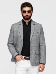 Marynarka męska o kroju REGULAR z lnem - grafitowa V5. Czarne marynarki męskie Ombre Clothing, bez wzorów, z jeansu, biznesowe. Za 419.99 zł.