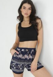Granatowe Szorty z Gumką i Wiązaniem w Talii Pellee. Niebieskie szorty damskie Born2be, l, bez wzorów, retro. Za 39.99 zł.