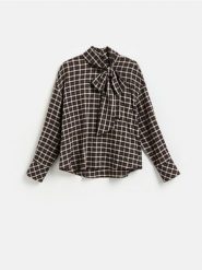 Bluzka z wiązaniem - brązowy. Brązowe bluzki damskie Reserved, l, bez wzorów, z bawełny, bez kołnierzyka, bez ramiączek. Za 129.99 zł.