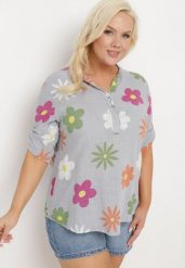 Szara Koszula z Lnu i Bawełny w Kwiaty z Krótkim Rękawem Ambubia. Szare bluzki damskie Born2be, plus size, bez wzorów, z bawełny, bez kołnierzyka, plus size, bez ramiączek. Za 79.99 zł.