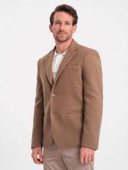 Marynarka męska casual z ozdobnymi guzikami na mankietach - jasnybrąz V2 OM-BLZB-0118 - XXL. Brązowe marynarki męskie Ombre Clothing, bez wzorów, casualowe. W wyprzedaży za 149.99 zł.