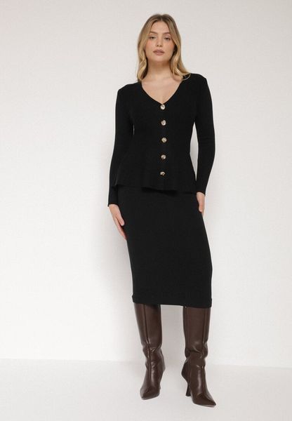 Czarny Elegancki Komplet z Dzianiny z Wiskozą Kardigan i Spódnica Uneva. Czarne kardigany damskie Born2be, bez wzorów, z dzianiny, casualowe. Za 159.99 zł.