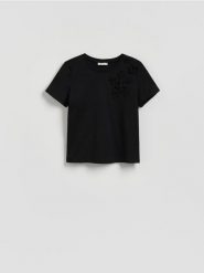 T-shirt oversize z aplikacjami - czarny. Czarne t-shirty damskie Reserved, l, z aplikacjami, z bawełny, bez kołnierzyka. Za 79.99 zł.