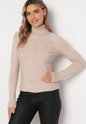Beżowy Golf z Warkoczykowym Splotem Amorea. Brązowe swetry damskie Born2be, l, bez wzorów, z dzianiny, klasyczne, bez kołnierzyka, bez ramiączek, długie, bez kaptura. Za 54.99 zł.