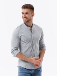 Bawełniana męska koszula SLIM FIT ze stójką w kolorowe paski szara V5 OM-SHCS-0178 L. Szare koszule męskie Ombre, bez wzorów, z bawełny. Za 166.41 zł.