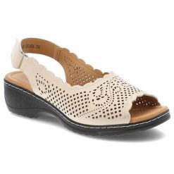 Sandały damskie Vinceza, na płaskim obcasie skórzane ażurowe z odkrytą piętą na rzepy, beżowe, 66738-BE. Brązowe sandały damskie VINCEZA, z aplikacjami, ze skóry, bez obcasa, na koturnie, bez zapięcia. Za 129.00 zł.