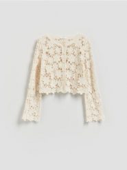 Crochetowy kardigan - kremowy. Białe kardigany damskie Reserved, l, bez wzorów, z bawełny. Za 119.99 zł.