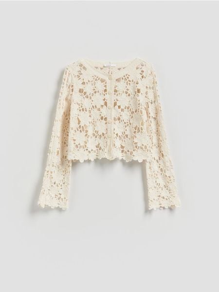 Crochetowy kardigan - kremowy. Białe kardigany damskie Reserved, l, bez wzorów, z bawełny. Za 119.99 zł.
