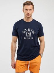 Koszulka męska z nadrukiem granatowa Bester 403. Niebieskie t-shirty męskie Big Star, l, bez wzorów, z bawełny, klasyczne, bez kołnierzyka. W wyprzedaży za 59.99 zł.