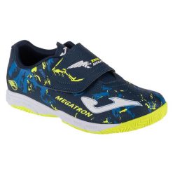 Buty halowe do piłki nożnej chłopięce Joma Megatron Jr. MEJS 24 IN. Niebieskie buty sportowe chłopięce Joma, bez wzorów, bez zapięcia, do piłki nożnej. Za 149.99 zł.