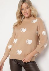 Ciemnobeżowy Sweter z Modalem i Wiskozą w Serca Zeanita. Brązowe swetry damskie Born2be, m, bez wzorów, z jeansu, eleganckie, bez kołnierzyka, bez ramiączek, bez kaptura. Za 109.99 zł.