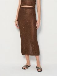 Dzianinowa spódnica midi z cekinami - brązowy. Brązowe spódnice damskie Sinsay, l, bez wzorów, z dzianiny, boho, midi. W wyprzedaży za 45.99 zł.