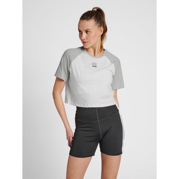 Damska koszulka crop top Hummel Legacy Naya. Szare koszulki sportowe damskie Hummel, m, bez wzorów, bez kołnierzyka, bez ramiączek, do piłki nożnej. Za 127.50 zł.