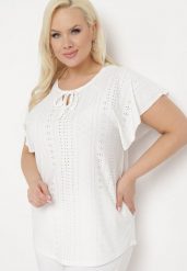 Biała Ażurowa Bluzka z Wiązaniem przy Dekolcie Keiraeta. Białe bluzki damskie Born2be, l, w ażurowe wzory, z materiału, eleganckie, bez kołnierzyka, bez ramiączek. Za 39.99 zł.