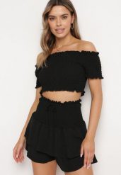 Czarny Komplet Top w Stylu Hiszpanki i Spódnico-Szorty z Gumką Quillatta. Czarne szorty damskie Born2be, l, z aplikacjami. Za 44.99 zł.