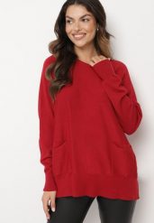 Bordowy Sweter z Wiskozą i Kieszeniami Everina. Czerwone swetry damskie Born2be, bez wzorów, z jeansu, eleganckie, bez kołnierzyka, bez ramiączek, bez kaptura. Za 64.99 zł.