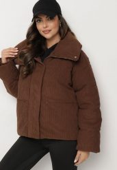 Brązowa Sztruksowa Kurtka z Wysokim Kołnierzem Realitia. Brązowe kurtki damskie Born2be, l, bez wzorów, z jeansu, bez kaptura. Za 239.99 zł.