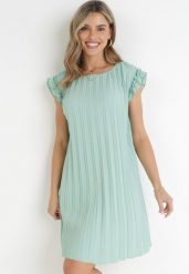 Jasnozielona Pudełkowa Sukienka Mini z Plisowanej Tkaniny z Wiskozy i Bawełny Ematisa. Zielone sukienki damskie Born2be, na imprezę, l, bez wzorów, z bawełny, eleganckie, bez kołnierzyka, bez ramiączek, mini. Za 44.99 zł.