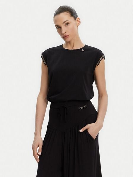 Liu Jo Bluzka WA5158 J5003 Czarny Regular Fit. Czarne bluzki damskie Liu Jo, xs, bez wzorów, z bawełny, bez kołnierzyka, bez ramiączek. Za 189.99 zł.