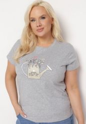 Szary Bawełniany T-shirt z Ozdobnym Nadrukiem Littana. Szare bluzki damskie Born2be, na lato, l, bez wzorów, z bawełny, klasyczne, bez kołnierzyka, bez ramiączek. Za 39.99 zł.