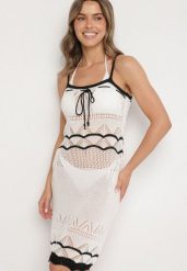 Biała Szydełkowa Sukienka na Ramiączkach z Wiskozy z Metaliczną Nicią Filadria. Białe sukienki damskie Born2be, na co dzień, na lato, bez wzorów, z wiskozy, eleganckie, bez kołnierzyka, bez ramiączek. Za 79.99 zł.
