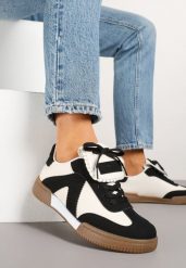 Czarno-Beżowe Sneakersy w Stylu Tenisówek z Szerokim Językiem Alarila. Czarne obuwie sportowe damskie Renee, z aplikacjami, tenisowe. Za 79.99 zł.