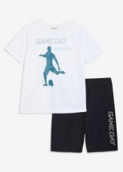 Sportowy T-shirt i bermudy z szybkoschnącego materiału (komplet 2-cz.). Białe t-shirty dla chłopców bonprix, bez wzorów, bez ramiączek. Za 124.99 zł.
