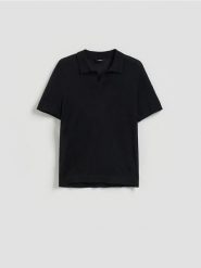 Sweter polo z domieszką lnu - czarny. Czarne swetry przez głowę męskie Reserved, l, bez wzorów, z wiskozy, bez kołnierzyka. Za 129.99 zł.