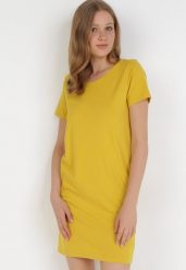 Żółta Sukienka Hysopheu. Żółte sukienki damskie Born2be, l, bez wzorów, z bawełny, bez kołnierzyka, bez ramiączek, mini, dopasowane. Za 34.99 zł.