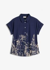 Bluzka oversize z krótkim rękawem z bawełnianej popeliny. Niebieskie bluzki damskie bonprix, bez wzorów, z bawełny, bez kołnierzyka, bez ramiączek. Za 109.99 zł.