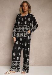 Czarny Komplet w Stylu Etno Spodnie z Gumką w Pasie i Bluzka Oversize Eviralyn. Czarne bluzki damskie Renee, bez wzorów, eleganckie, bez kołnierzyka, bez ramiączek. Za 89.99 zł.