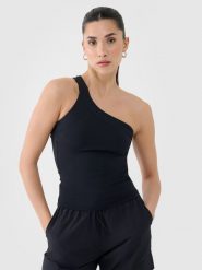4F Crop-top slim z asymetrycznym ramiączkiem damski - czarny XS. Czarne koszulki sportowe damskie 4f, xs, bez wzorów, z dzianiny, z asymetrycznym kołnierzem, bez ramiączek. W wyprzedaży za 19.99 zł.