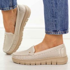 Beżowe ażurowe skórzane mokasyny damskie Potocki 19426. Brązowe mokasyny damskie POTOCKI, z jeansu, biznesowe. Za 219.00 zł.