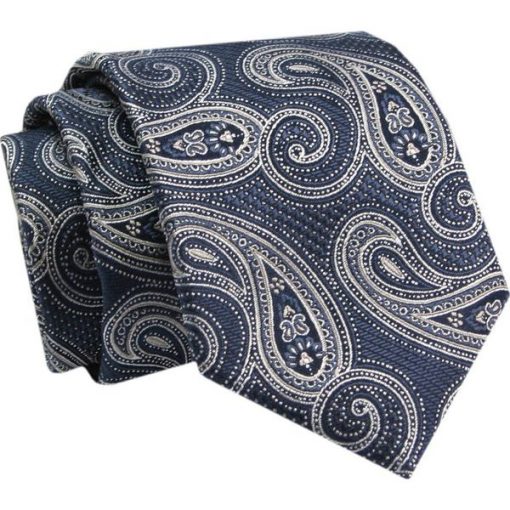 Krawat - ALTIES - Ciemnoniebieski w Duży Wzór Paisley. Niebieskie krawaty i muchy Alties, bez wzorów, z tkaniny, eleganckie. Za 49.00 zł.