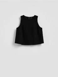 Lniana bluzka - czarny. Czarne bluzki damskie Reserved, l, bez wzorów, bez kołnierzyka, bez ramiączek. Za 99.99 zł.