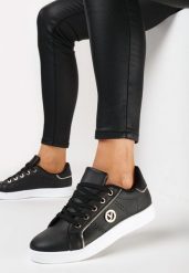 Czarne Sznurowane Sneakersy na Płaskiej Podeszwie z Ekoskóry Ozdobnymi Wstawkami Armande. Czarne obuwie sportowe damskie Born2be, bez wzorów. Za 89.99 zł.