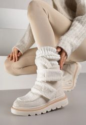 Beżowe Botki Typu Śniegowce na Platformie z Dwoma Ozdobnymi Rzepami Edarlia. Brązowe śniegowce i trapery damskie Renee, z jeansu. Za 149.99 zł.