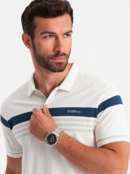 Dopasowana koszulka męska polo z dwukolorowymi pasami – biała V4. Białe koszulki polo męskie Ombre Clothing, l, z aplikacjami, z bawełny, klasyczne, bez ramiączek. W wyprzedaży za 39.99 zł.