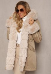 Beżowa Kurtka Parka z Paskiem w Talii i Kapturem z Futerkiem Hizontia. Brązowe parki damskie Renee, l, bez wzorów, z futra. Za 289.99 zł.